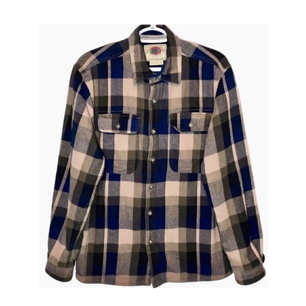 Boston Traders Polar Fleece Lined Flannel Shirt Jacket in Navy/Tan/Brown Men’s M